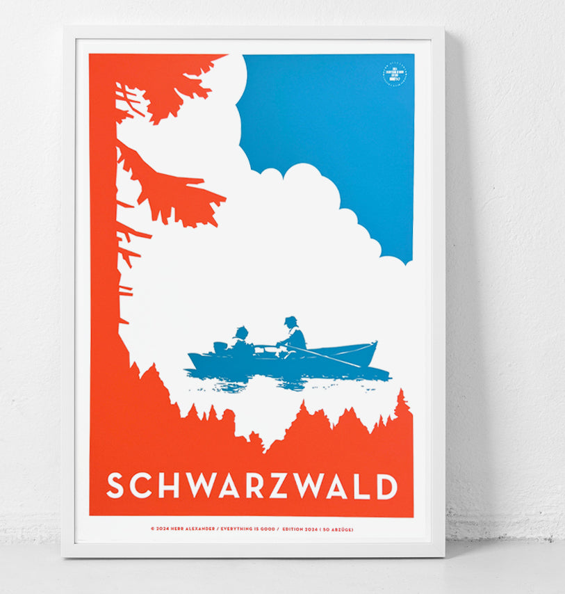 Schwarzwald See mit Boot – Heritage Petrolblau, handgedruckt